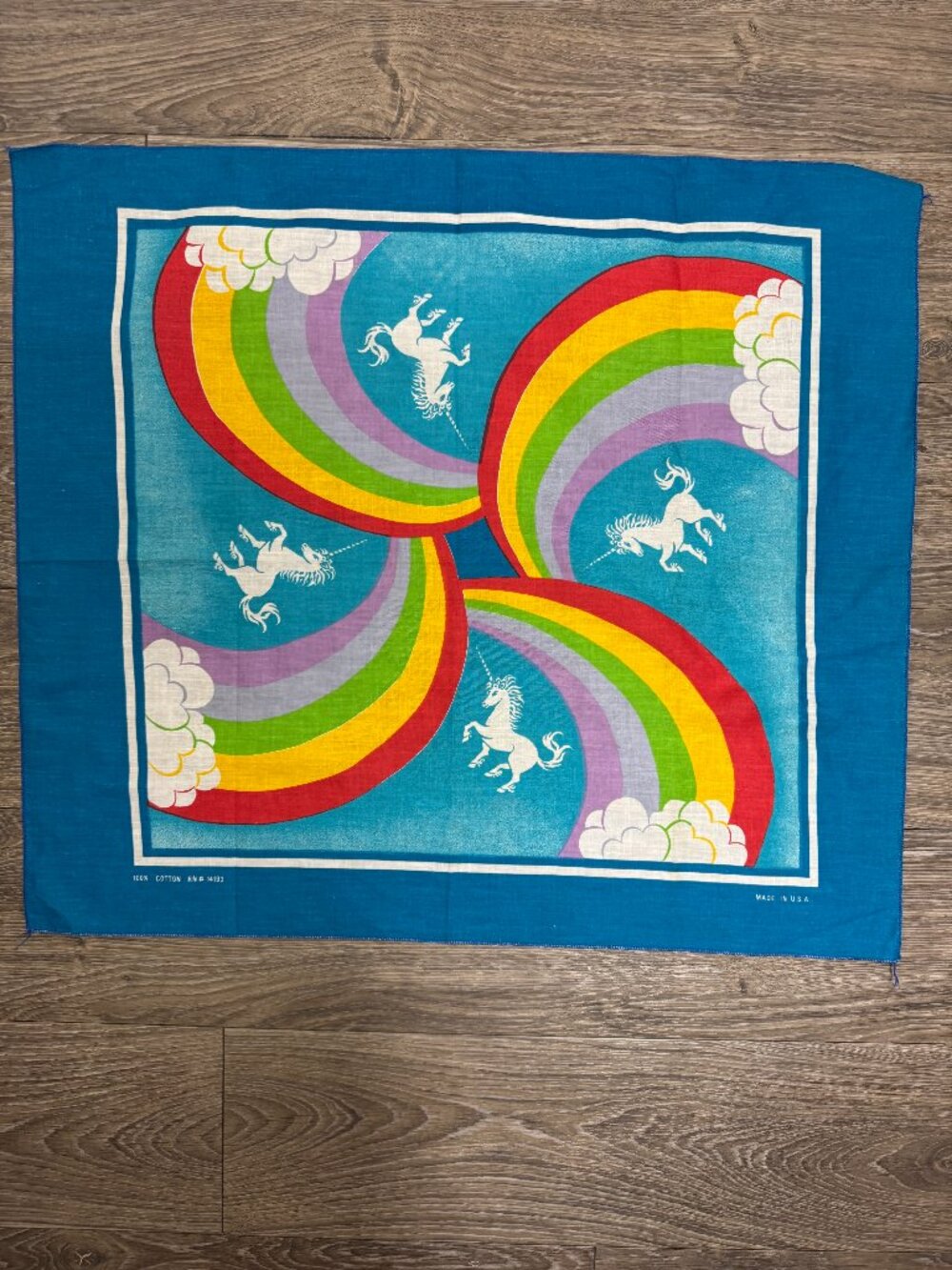 NEW Vintage 80's Wamcraft Bandana Scarf Rainbow Unicorns Clouds Sky Blue USA